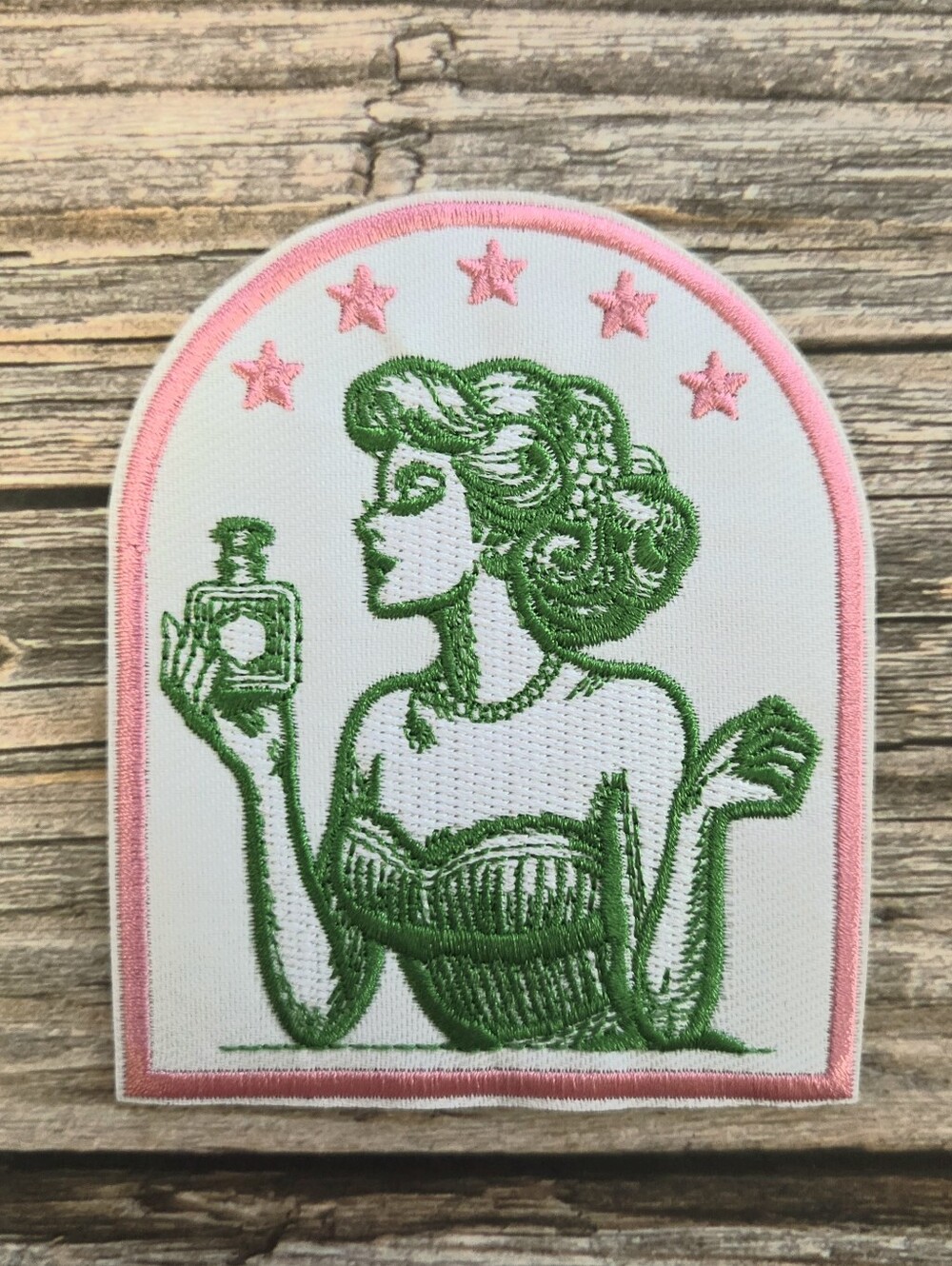 Fancy Lady Retro Pink Green Perfume Giant Witchy Embroidered Iron on Patch